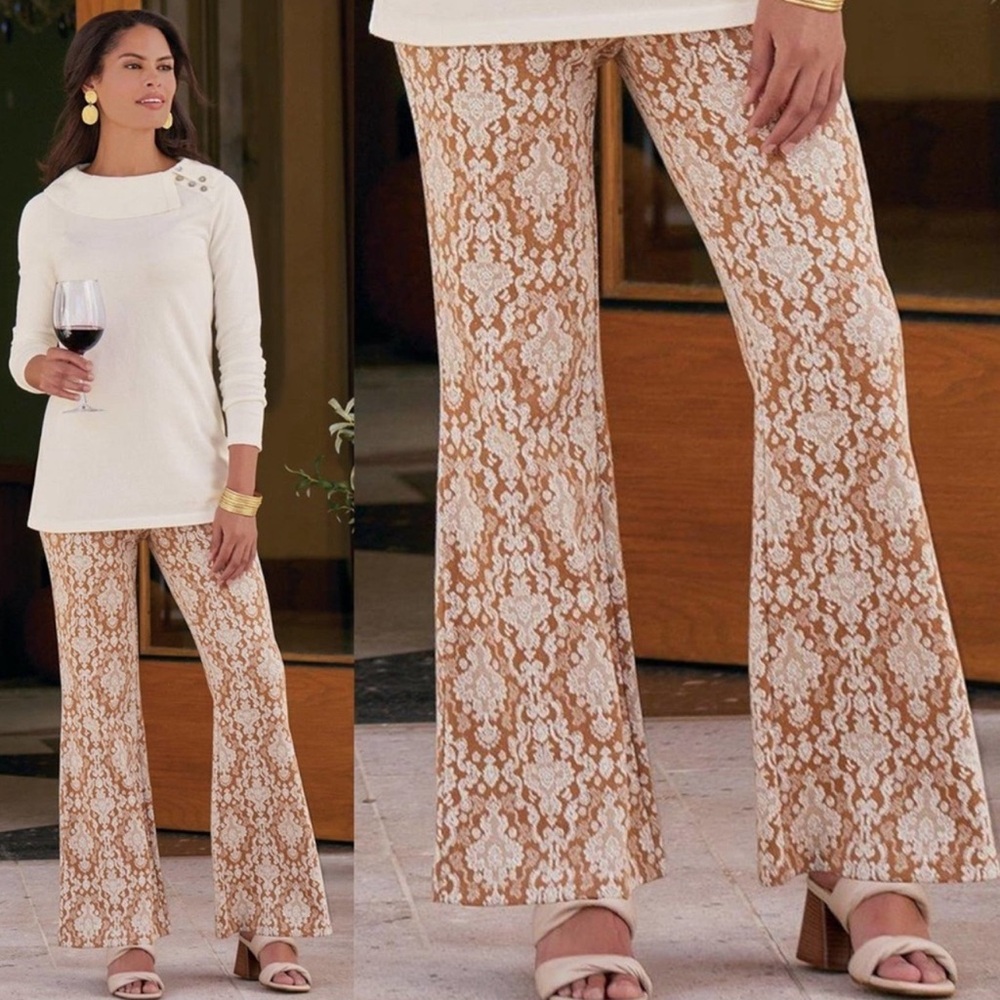 Soft Surroundings Sumptuous Pull on Tan Ivory Wide Leg‎ Flare Pants